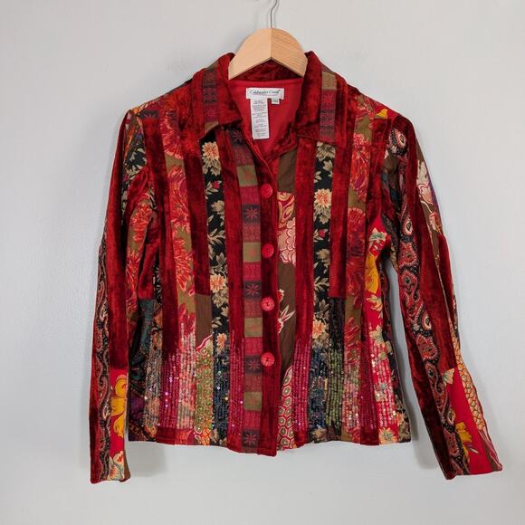 Coldwater Creek Velvet Patchwork Jacket XSP Red Floral Vintage 90S Whimsigoth - Picture 1 of 11